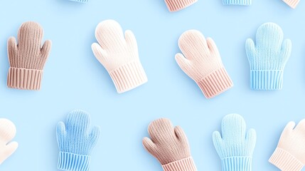 Colorful mittens arranged on a light blue background, perfect for winter themes and cozy seasonal designs.