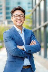confident Asian businessman in blue suit stands with arms crossed, smiling warmly in urban setting. His professional demeanor reflects success and approachability