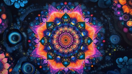 Fototapeta premium Vibrant Psychedelic Mandala with Lions Mane Mycelium Microscope View