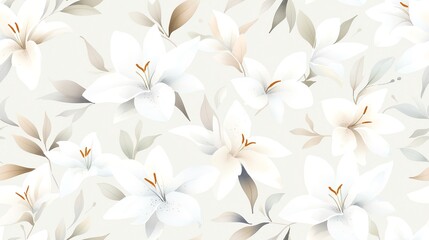 A serene floral pattern featuring soft white lilies and delicate leaves, perfect for background design and decor.