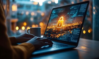 Laptop screen with digital padlock icon and networking lines woman working in modern office with garden view