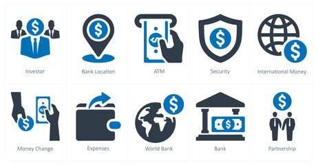 A set of 10 finance and money icons as investor, bank location