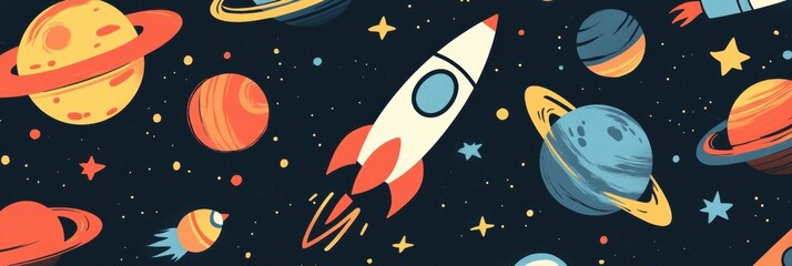 Space Adventure Pattern, vibrant flat illustration featuring rockets, planets, and stars, perfect for children's decor or educational materials