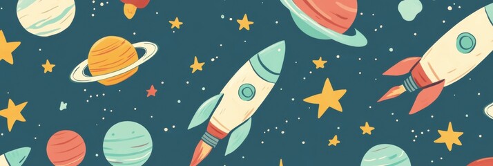 Space Adventure Pattern, vibrant flat illustration featuring rockets, planets, and stars, perfect for children's decor or educational materials