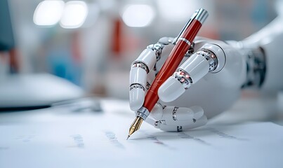 Robotic Hand Holding Pen Writing on White Paper Showcasing Digitization and Intelligence