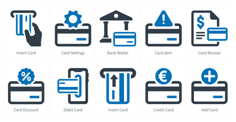 A set of 10 finance and money icons as insert card, card settings, bank wallet