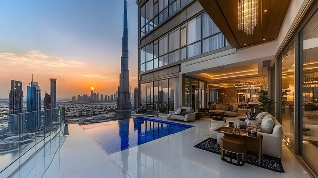 Modern luxury architecture in Dubai, stylish penthouse apartment with large balcony and swimming pool, scenic of city skyline with skyscraper at sunset, landmark iconic tower background. 3d modern art