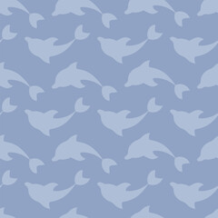 Dolphin and reflection. Blue sea mammal. Seamless vector pattern. Endless ornament of diving and emerging sea mammals. Isolated lilac background. Flat style. Ocean inhabitant with fins and tail. 