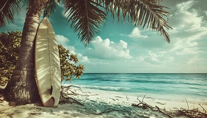 Beige surfboard against tropical beach backdrop, summer retreat inspiration
