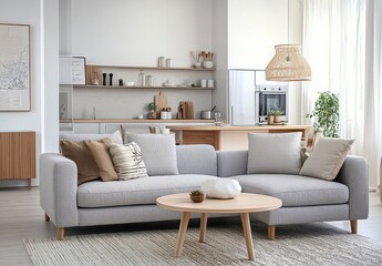 Fototapeta premium A cozy living room with a modern and minimalist design, featuring a grey sofa and wooden accents.