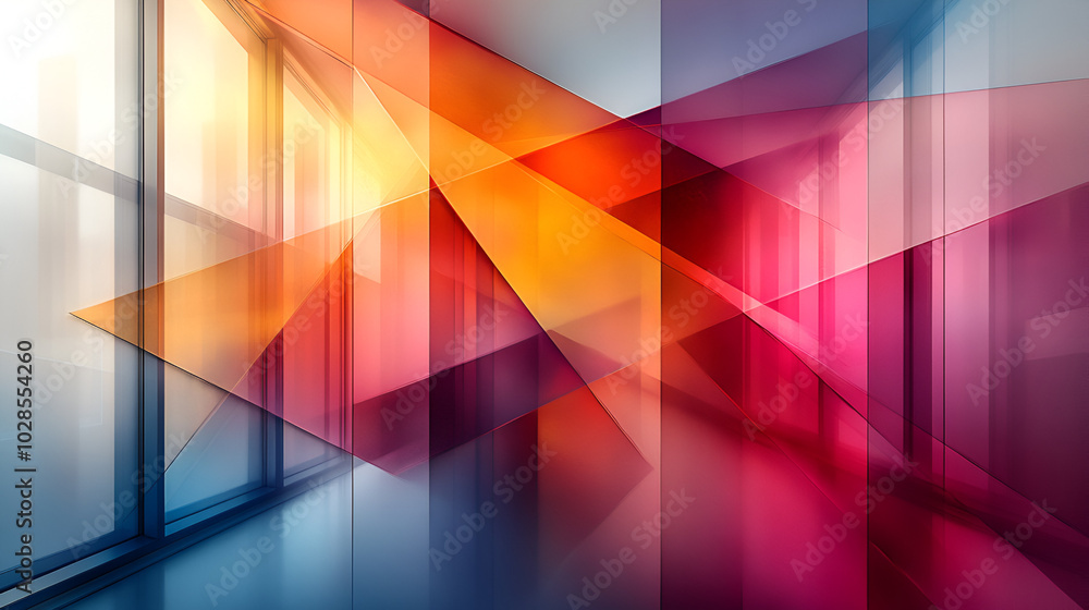 Poster abstract geometric shapes create vibrant patterns in a modern interior space with ample natural ligh