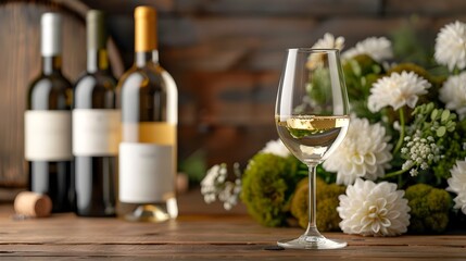 Elegant White Wine Bottle with Floral Bouquet on Wooden Table