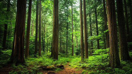 Fototapeta premium An old-growth forest with towering trees and rich undergrowth, full of life.