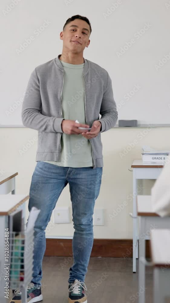 Poster assignment, laughing and presentation with student man in classroom of college for speech. lecture, 