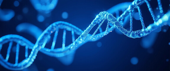 A close up of a DNA strand with a blue background 