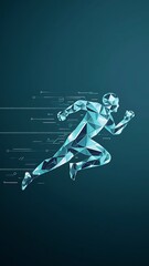 Obraz premium Abstract running man form lines and triangles, point connecting network on blue background. Illustration vector