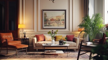 A Cozy Living Room with a Vintage Cityscape Painting