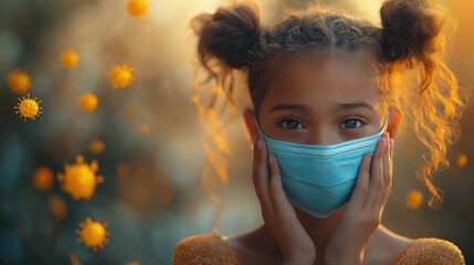 Young African American Girl Wearing Protective Face Mask Surrounded by Floating Virus Particles in Warm Sunlit Atmosphere, Symbolizing Health and Safety Awareness