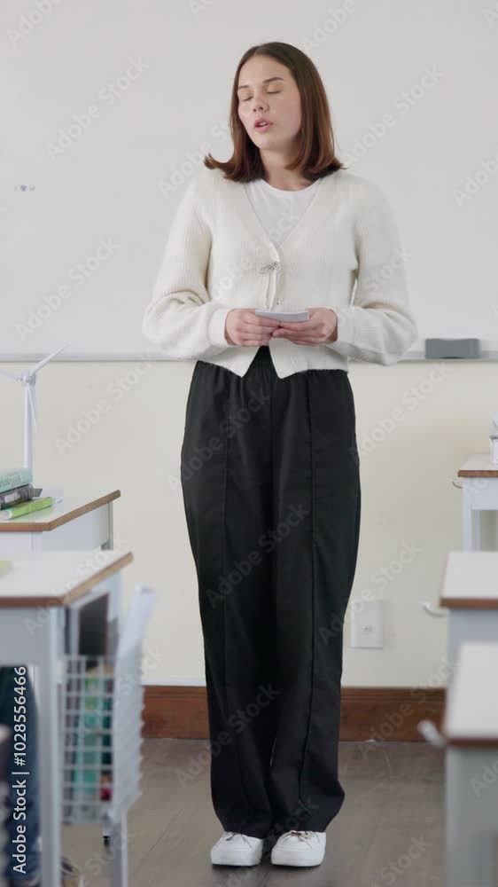 Poster Education, lecture and presentation with student woman in classroom of college for speech. Assignment, notes and talking with learner at school or university for learning, scholarship or study