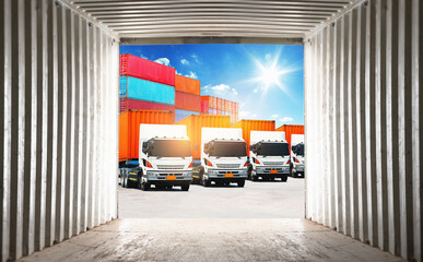 View From Inside The Container. Semi trailer Trucks on The Parking Lot. Containers Shipping. Handling of Logistics Transportation Industry. Cargo Container ships, Freight Truck Logistics.