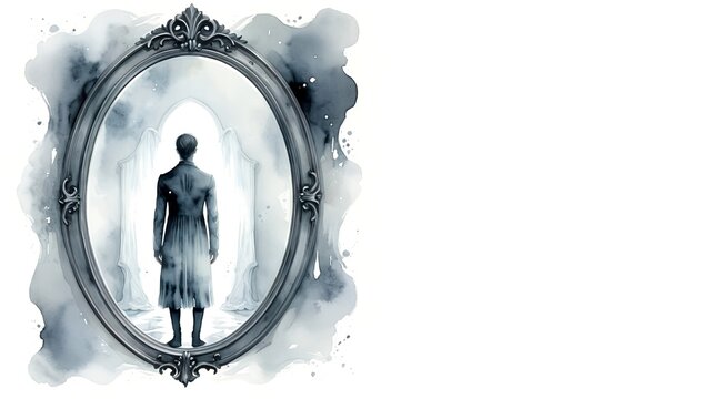 Haunting Reflection: A haunting watercolor illustration of a man reflected in a mirror, surrounded by a dark and ominous atmosphere. Halloween. Drawing. Art. Illustration. Copy Space. 1