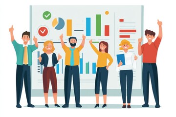 A group of diverse people holding up thumbs up signs, standing next to a large survey results chart, symbolizing collective positive feedback and approval