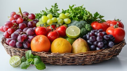 A vibrant assortment of fresh fruits and vegetables arranged in a wicker basket.