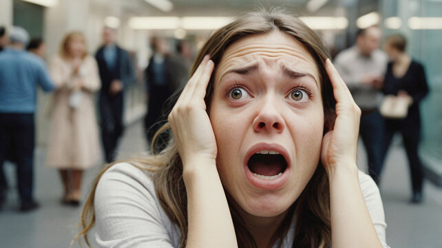 A young woman is having a panic attack in a public place due to a social phobia, she is among other people which makes her extremely nervous