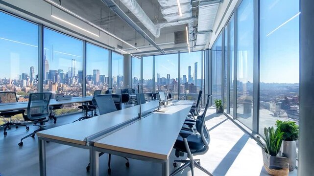 Bright and airy open-space workspace with a mix of individual desks and group tables. Floor-to-ceiling windows provide a view of the city, enhancing the open and vibrant feel of the office. 
