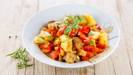 Vibrant ratatouille dish, showcasing traditional French vegetables. Perfect for healthy meals and...