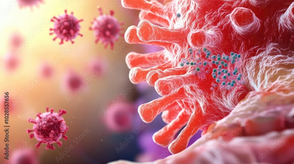 Poster close-up view of a virus cell structure with surrounding particles and colorful details.