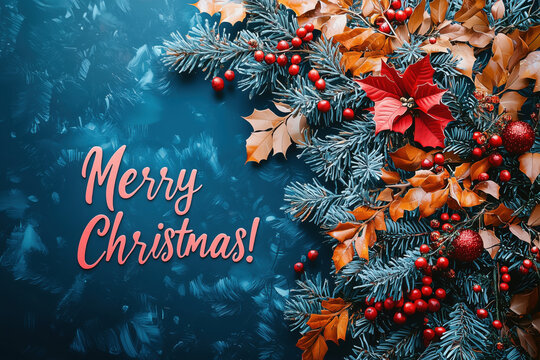 Merry Christmas! A lovely blue background with a red flower and berries. The image conveys a warm and festive moode