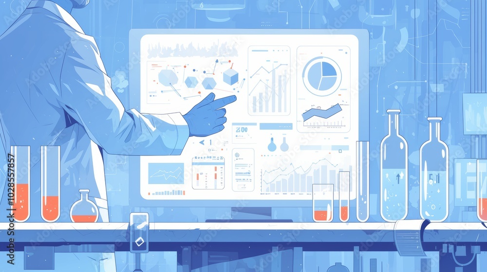 Poster a scientist presents data insights on a high-tech lab interface surrounded by test tubes, detailing 