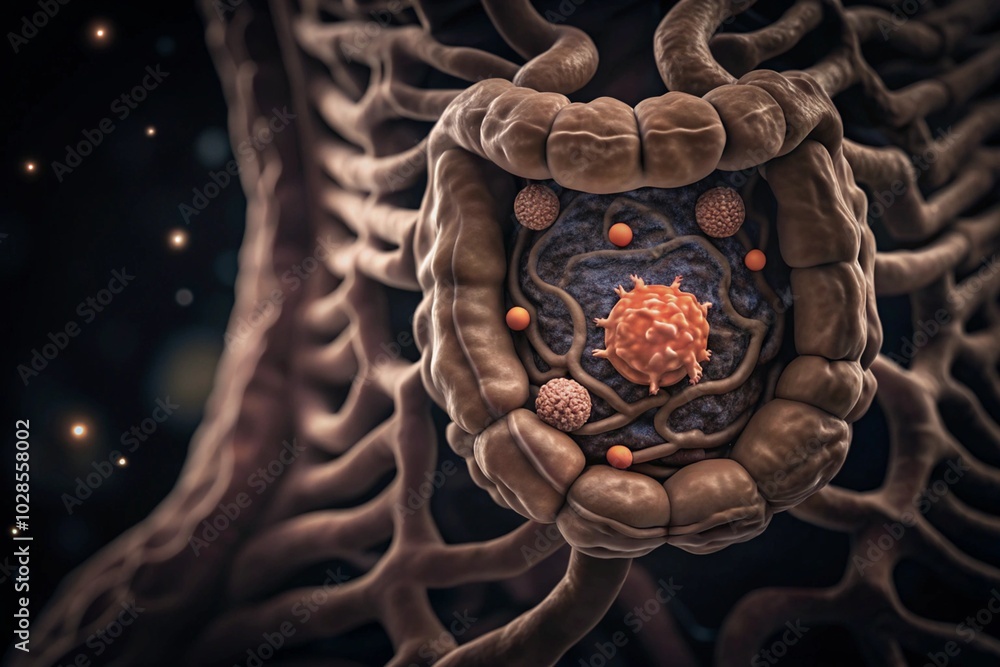Poster intricate close-up of microscopic biological structures in viscera surrounded by complex network