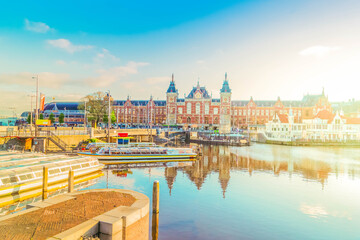 Obraz premium Church of St Nicholas over canal, Amsterdam, Holland