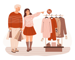 Happy couple people buyers in store on shopping sale. Man with packages and girl near rack with fashionable clothes and shoes. Vector illustration. Shopper character. Consumerism, purchase concept