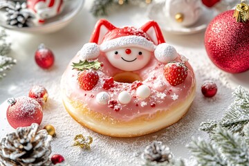 Cute Artistic Cat Shaped Donut with Festive Decorations