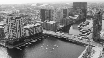 Aerial drone shot of Dublin's Docklands