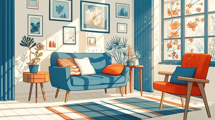 A vibrant living space exhibiting colorful furniture, lush potted plants, framed wall art, artistic rug, and large window filling the room with sunlight.