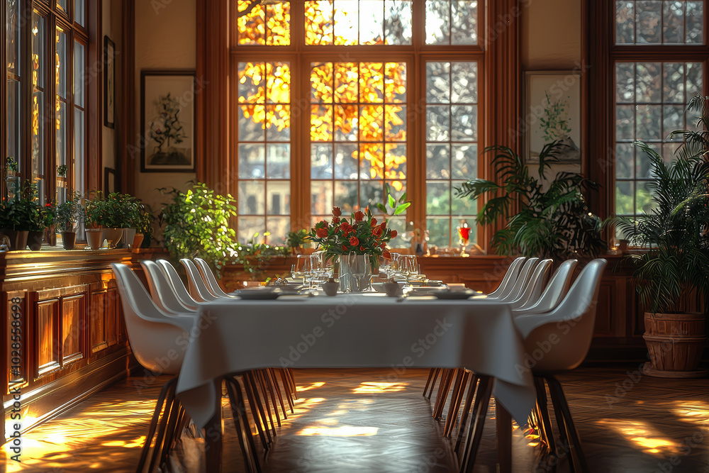 Poster a lively dinner party on one side of the image with an empty chair and table on the other represents