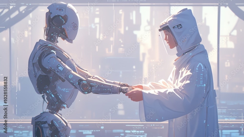 Poster a scientist and a robotic ai assistant engage in interaction within a sleek, high-tech laboratory, s