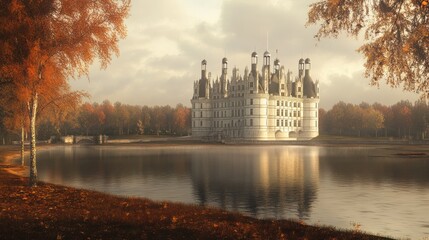 Obraz premium A Majestic French Chateau Reflected in a Tranquil Autumn Lake