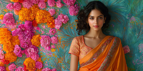 The woman stands gracefully in a vibrant sari with the backdrop featuring abstract and nature-inspired Madhubani designs.