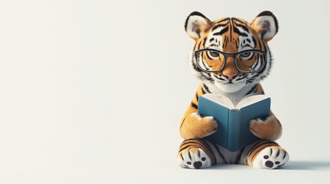 Cute Tiger with Glasses Reading a Book