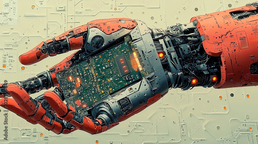 Poster a highly detailed robotic hand holds an intricate circuit board, showcasing advanced technology and 