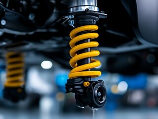 High-performance yellow coil spring suspension system designed for enhanced vehicle stability and handling on the road.