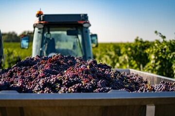 Freshly harvested grapes in a crate with a tractor in the background © Wirestock
