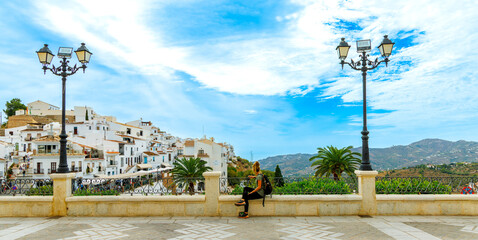 Travler female in famous village of frigiliana, Andalousia in Spain- Malaga Province