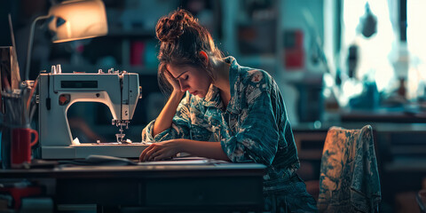 A female fashion designer sitting at her sewing machine, head in hands, feeling creatively and physically drained.