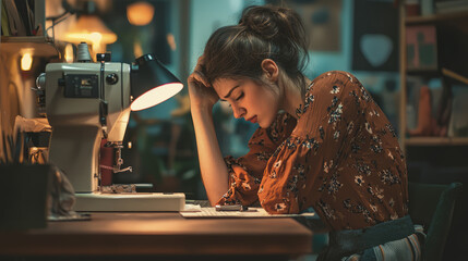 A female fashion designer sitting at her sewing machine, head in hands, feeling creatively and physically drained.